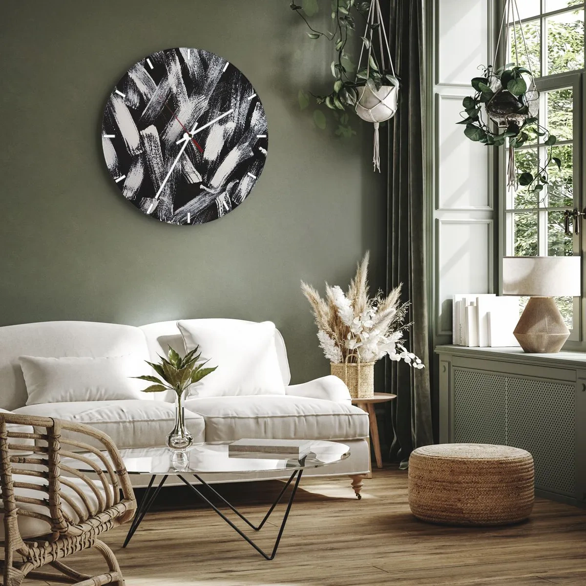 Wanduhr - Glasuhr - Weiße Pinselstriche auf schwarzem Hintergrund im Industriestil - 30x30cm - Abstraktion im industriellen Geist - Moderne Wanddekoration für Wohnzimmer, Küche und Schlafzimmer ARTTOR