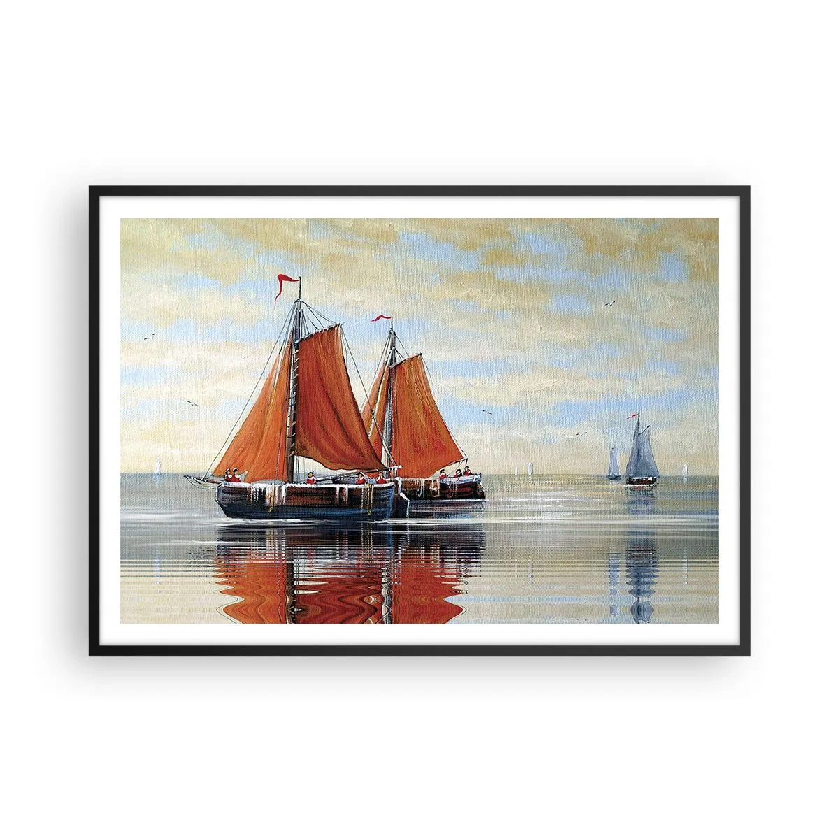 Poster in einem schwarzem Rahmen - Zweimast-Segelboote in ruhigem Wasser - 100x70cm - Hey, Segel, Matrose ... - Moderne Wanddekoration für Wohnzimmer und Schlafzimmer ARTTOR