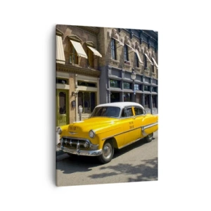 Bild auf Leinwand - Leinwandbild - Ein gelbes Taxi auf einer Straße mit Mietshäusern - 50x70cm - Vor langer Zeit in Amerika - Moderne Wanddekoration für Wohnzimmer und Schlafzimmer ARTTOR