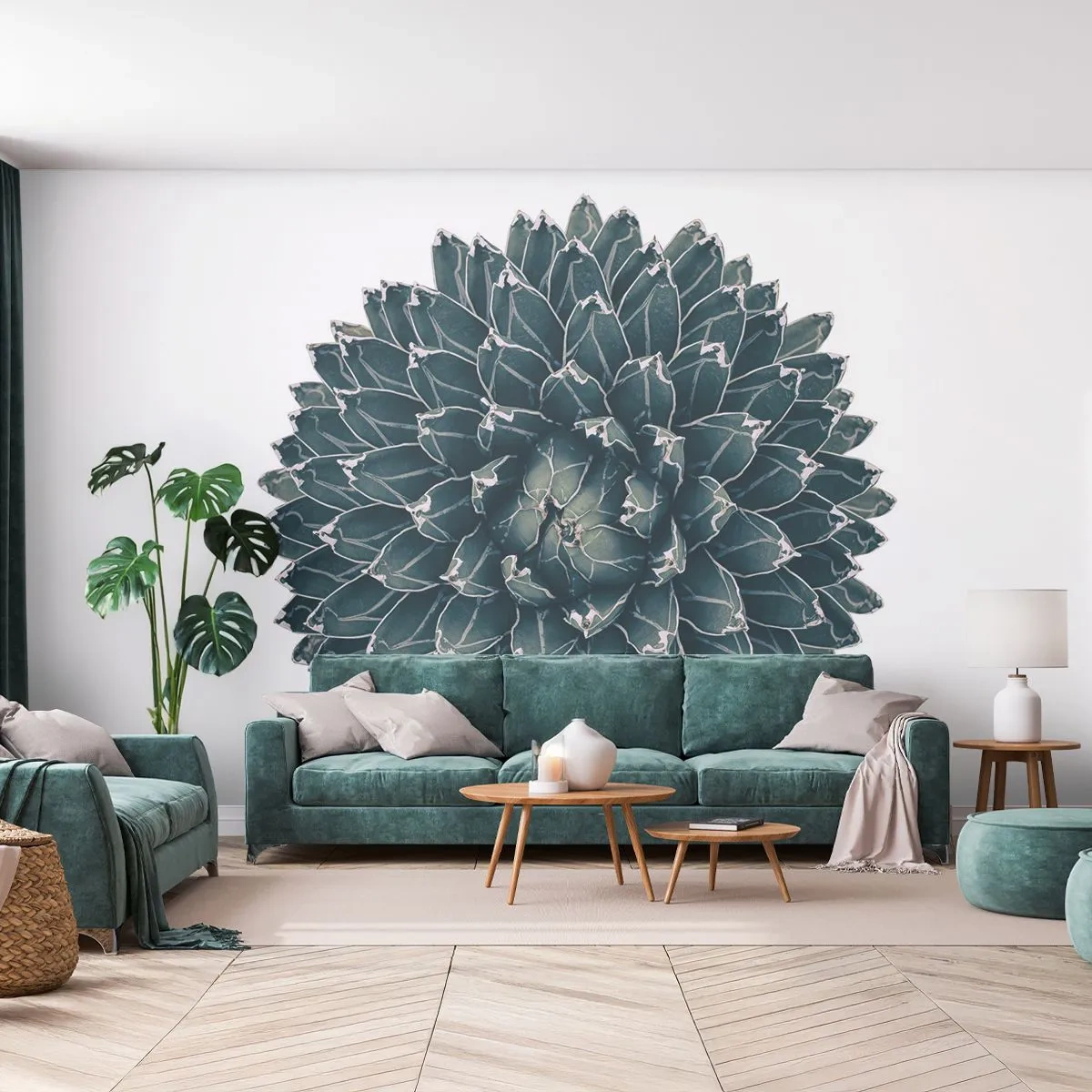 Fototapete Premium Sand - Symmetrische Agave auf weißem Hintergrund im minimalistischen Stil - 100x70cm - Stern der Wüste - Moderne Wanddekoration für Wohnzimmer und Schlafzimmer ARTTOR