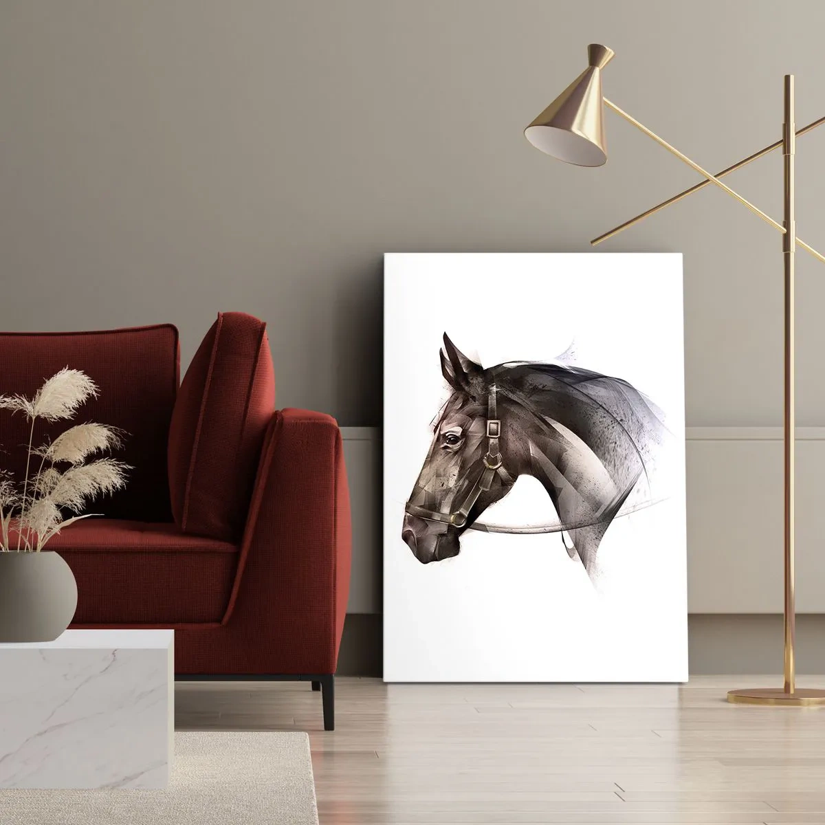 Bild auf Leinwand - Leinwandbild - Ein Pferdeprofil in filigraner künstlerischer Form auf weißem Hintergrund - 70x100cm - Was für eine Gnade - Moderne Wanddekoration für Wohnzimmer und Schlafzimmer ARTTOR