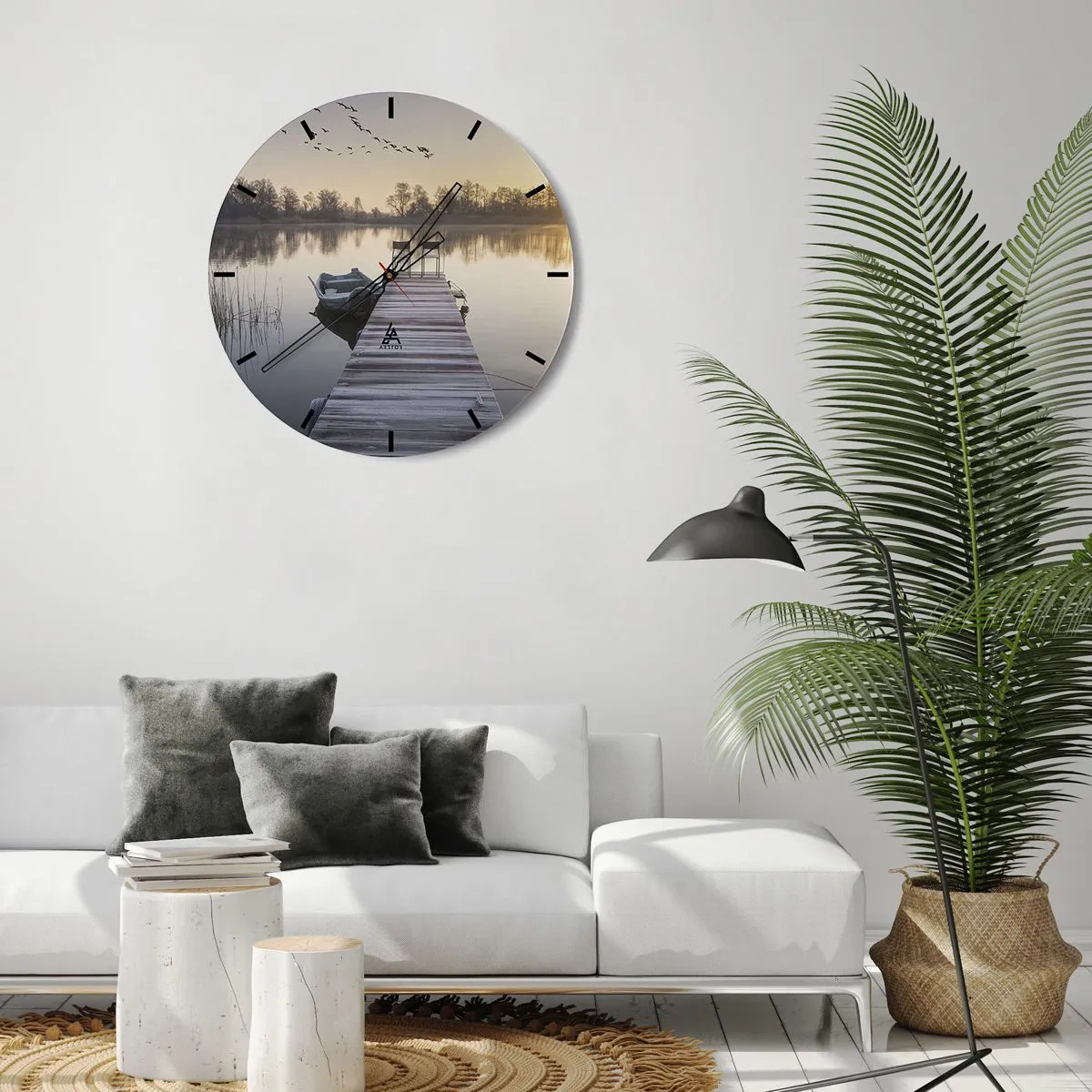 Wanduhr - Glasuhr - Ein Pier mit einem Boot bei Sonnenaufgang auf dem See - 30x30cm - Ich komme nach einiger Zeit zurück - Moderne Wanddekoration für Wohnzimmer, Küche und Schlafzimmer ARTTOR