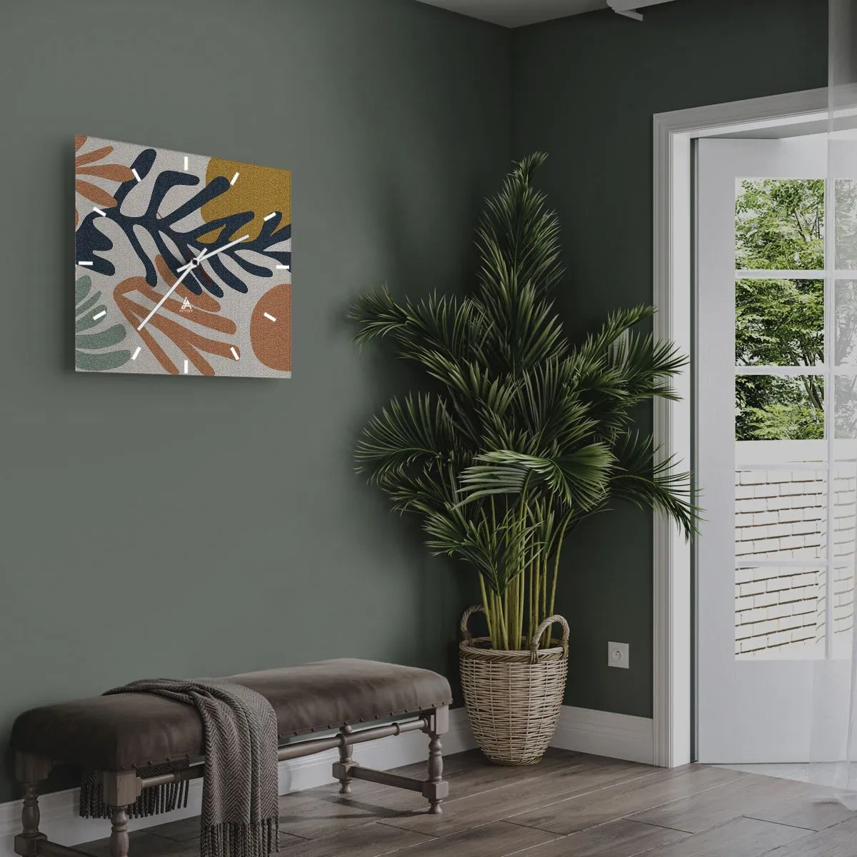 Wanduhr - Glasuhr - Bunte Blätter im abstrakten Stil - 30x30cm - Korallenmeere - Moderne Wanddekoration für Wohnzimmer und Schlafzimmer ARTTOR