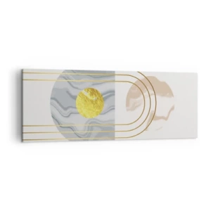 Bild auf Leinwand - Leinwandbild - Abstrakte Komposition mit Kreisen und goldenen Linien auf hellem Hintergrund. - 140x50cm - Helligkeit und Brillanz - Moderne Wanddekoration für Wohnzimmer und Schlafzimmer ARTTOR