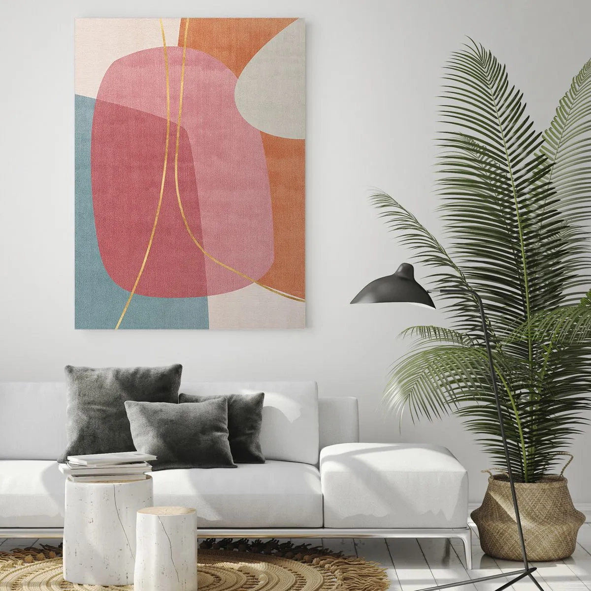 Glasbild - Bild auf glas - Pastellfarbene Formen mit sich kreuzenden goldenen Linien - 50x70cm - Pastellkomposition mit Goldfaden - Moderne Wanddekoration für Wohnzimmer und Schlafzimmer ARTTOR