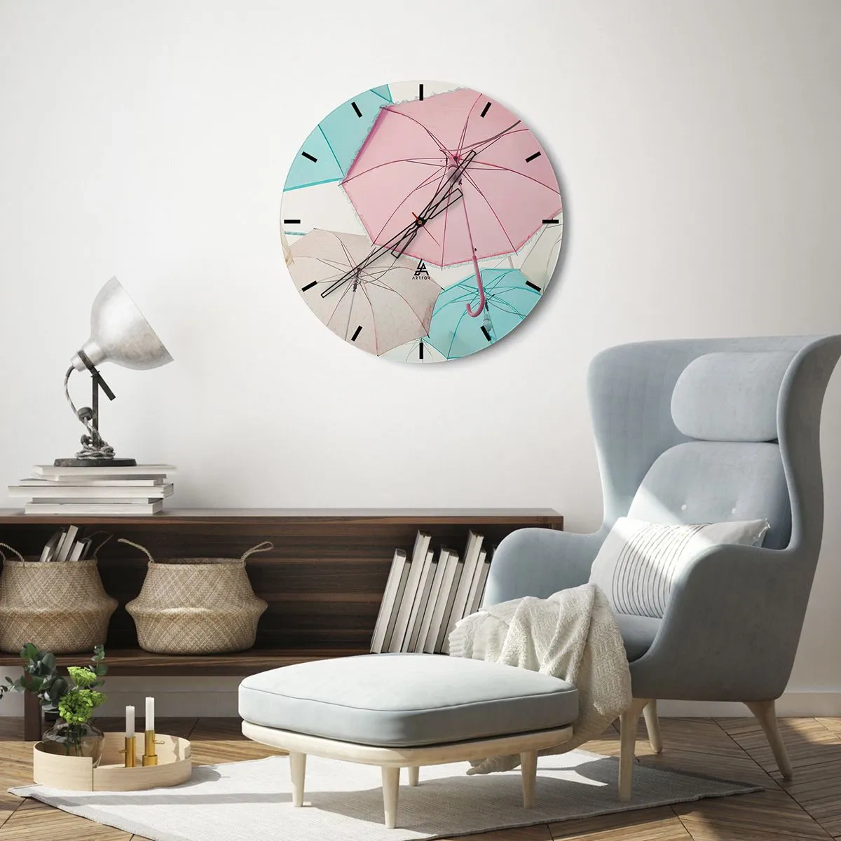Wanduhr - Glasuhr - Regenschirme in Pastellfarben - 30x30cm - Mal Sonne, mal Regen - Moderne Wanddekoration für Wohnzimmer, Küche und Schlafzimmer ARTTOR