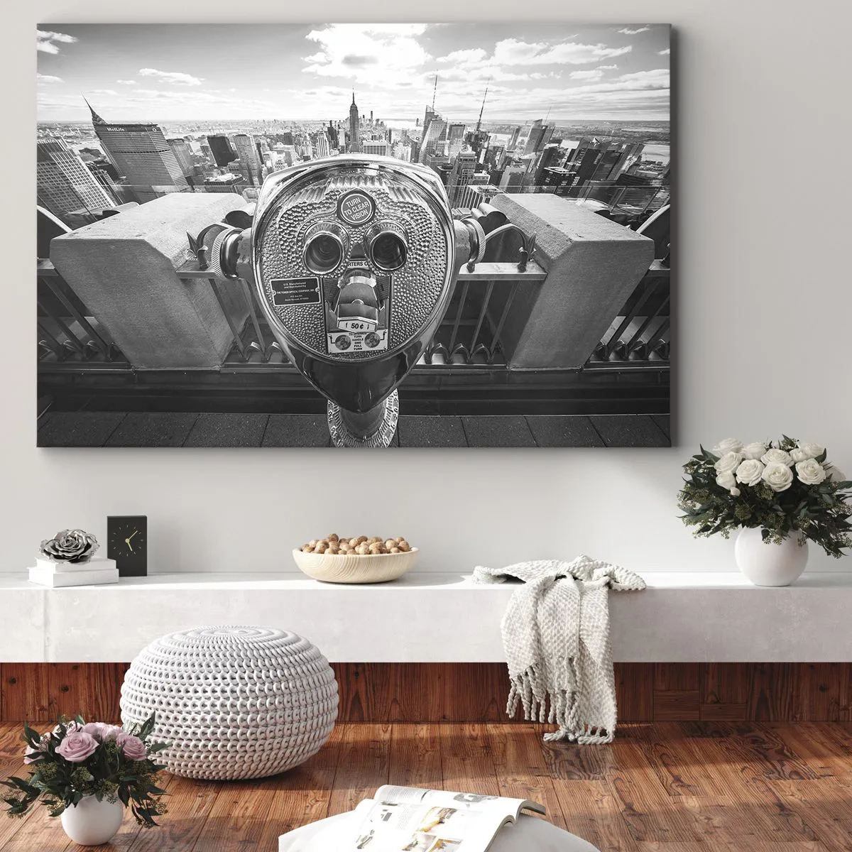 Bild auf Leinwand - Leinwandbild - Monochromer Blick durch das Teleskop auf das Stadtpanorama - 70x50cm - Stadt über den Städten - Moderne Wanddekoration für Wohnzimmer und Schlafzimmer ARTTOR