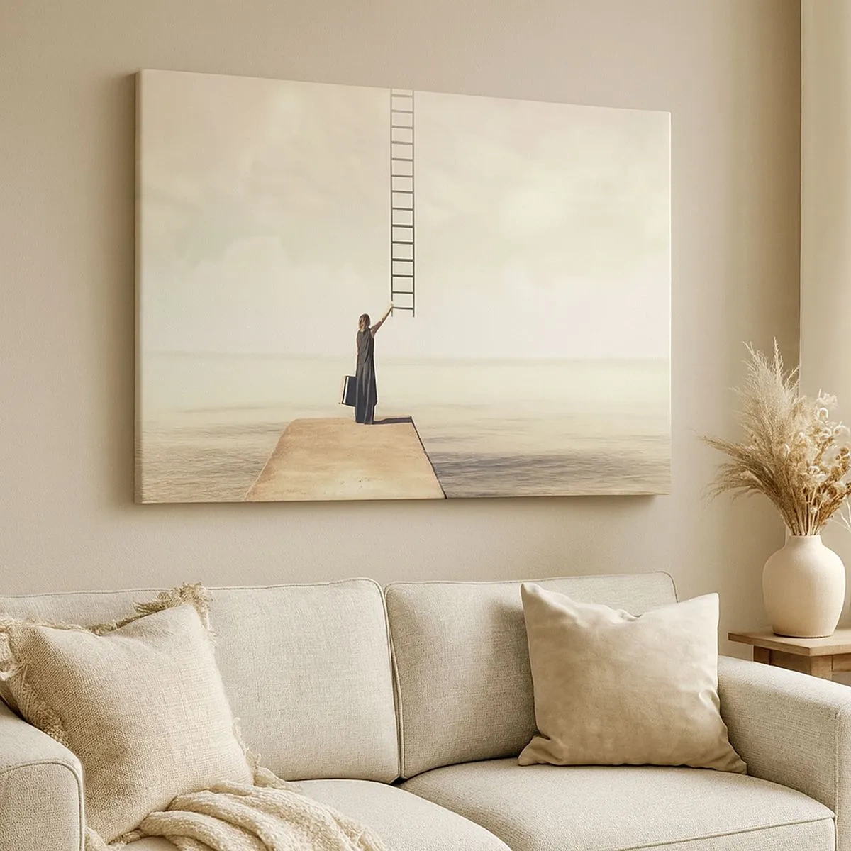 Bild auf Leinwand - Leinwandbild - Eine Frau steht auf einem Pier mit einer Leiter, die in den Himmel führt - 70x50cm - Eine magische Reise - Moderne Wanddekoration für Wohnzimmer und Schlafzimmer ARTTOR
