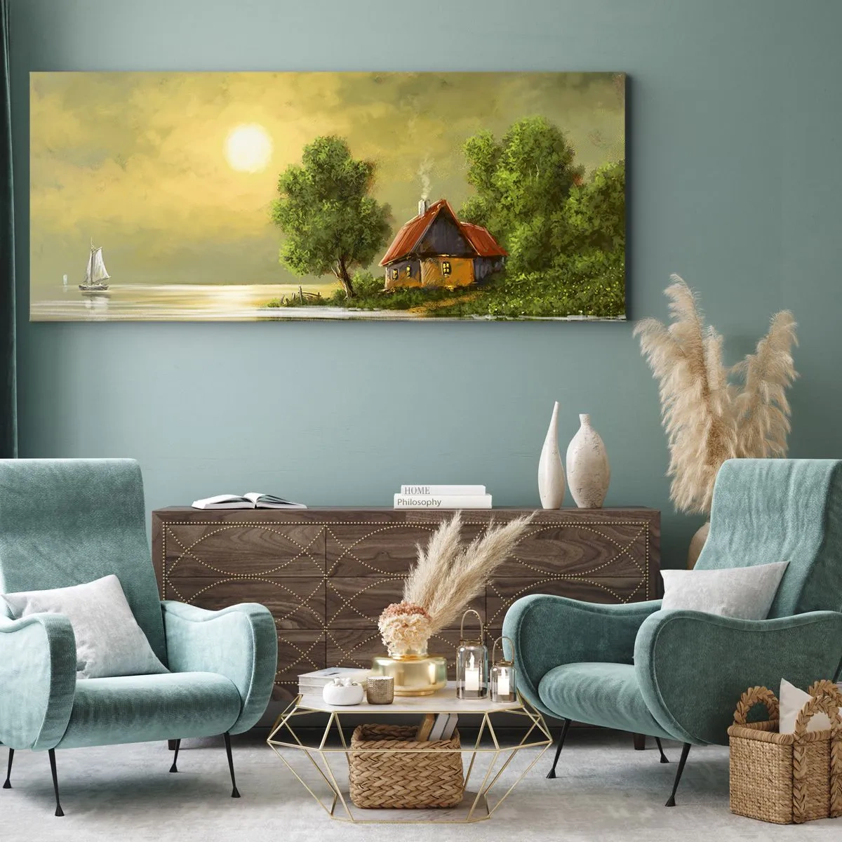 Bild auf Leinwand - Leinwandbild - Seehaus im Abendlicht - 120x50cm - Schön, wie ein Bild - Moderne Wanddekoration für Wohnzimmer und Schlafzimmer ARTTOR