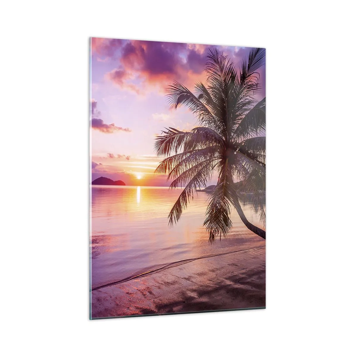 Glasbild - Bild auf glas - Exotischer Strand mit Palme bei Sonnenuntergang - 50x70cm - Behaglichkeit bis zum Horizont - Moderne Wanddekoration für Wohnzimmer und Schlafzimmer ARTTOR