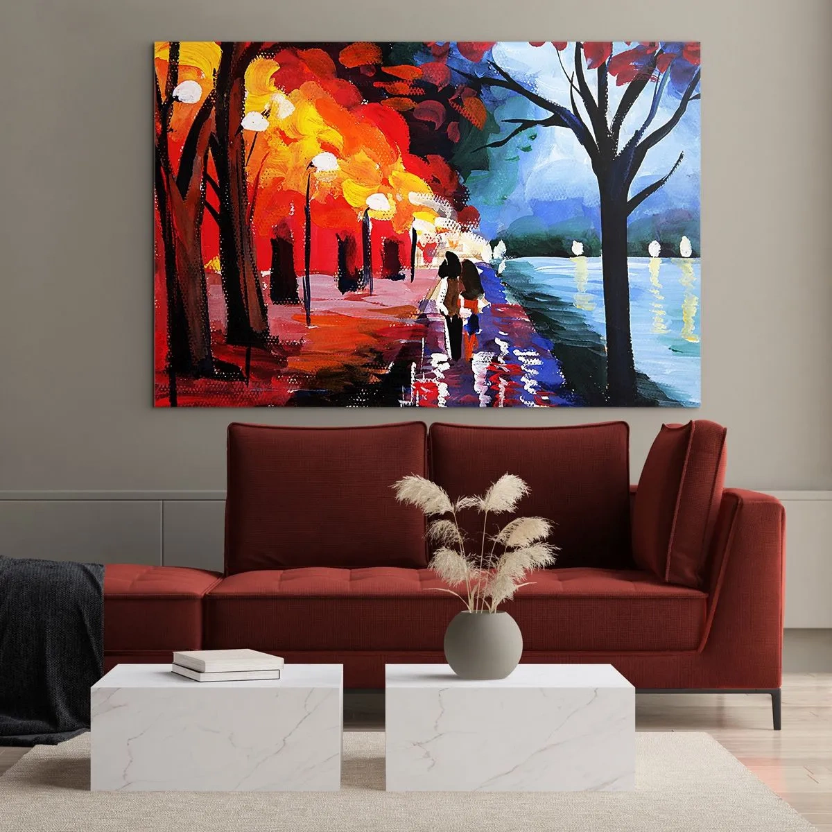 Glasbild - Bild auf glas - Ein Paar spaziert abends in einem farbenfrohen Park - 120x80cm - Strahlender Herbst im Park - Moderne Wanddekoration für Wohnzimmer und Schlafzimmer ARTTOR