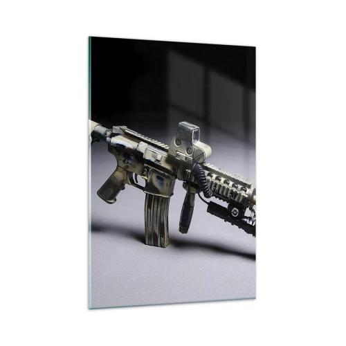 Glasbild - Bild auf glas - Moderne Waffe in Tarnfarbe auf dunklem Hintergrund - 80x120cm - Immer bedrohlich - Moderne Wanddekoration für Wohnzimmer und Schlafzimmer ARTTOR
