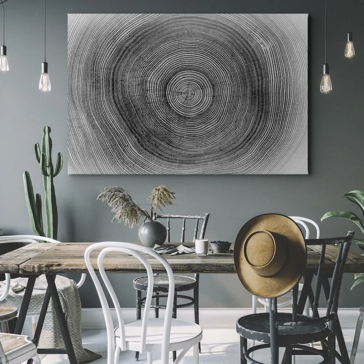 Bild auf Leinwand - Leinwandbild - Schwarz-weißes Baumringmuster, das einen Querschnitt des Stammes zeigt - 70x50cm - Zeichen der Zeit - Moderne Wanddekoration für Wohnzimmer und Schlafzimmer ARTTOR