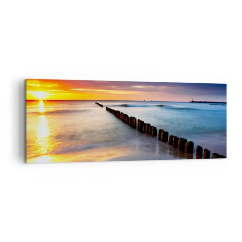 Bild auf Leinwand - Leinwandbild - Sonnenuntergang über dem Meer mit einem Wellenbrecher im Vordergrund - 140x50cm - Lausche der Stille - Moderne Wanddekoration für Wohnzimmer und Schlafzimmer ARTTOR