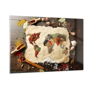 Glasbild - Bild auf glas - Eine Weltkarte aus verschiedenen Gewürzen auf rustikalem Hintergrund. - 120x80cm - Alle Aromen der Welt - Moderne Wanddekoration für Wohnzimmer und Schlafzimmer ARTTOR