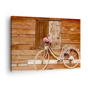 Bild auf Leinwand - Leinwandbild - Ein Fahrrad mit einem Korb voller Rosen vor einer Holzwand - 70x50cm - Ich komme gleich wieder - Moderne Wanddekoration für Wohnzimmer und Schlafzimmer ARTTOR