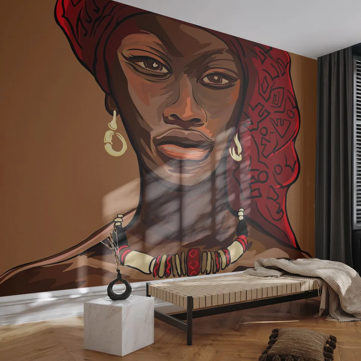 Fototapete Premium Sand - Porträt einer Frau mit rotem Turban im Ethno-Stil - 100x70cm - Venus aus Ebenholz  - Moderne Wanddekoration für Wohnzimmer und Schlafzimmer ARTTOR