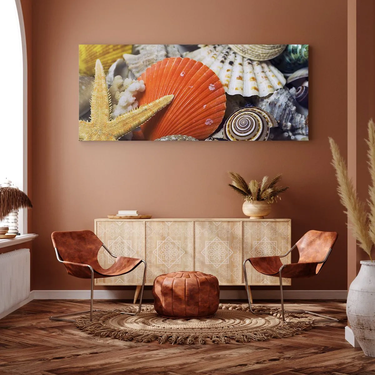 Bild auf Leinwand - Leinwandbild - Muscheln und Seesterne in einer Meereskomposition - 160x50cm - Schätze des Ozeans - Moderne Wanddekoration für Wohnzimmer und Schlafzimmer ARTTOR