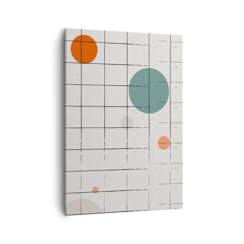 Bild auf Leinwand - Leinwandbild - Abstrakte farbige Kreise auf einem geometrischen Gitterhintergrund - 50x70cm - Gefangen. Wir oder sie? - Moderne Wanddekoration für Wohnzimmer und Schlafzimmer ARTTOR