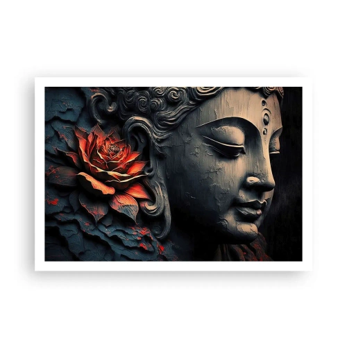 Poster - Buddha-Skulptur mit einer roten Lotusblüte - 100x70cm - Im Einklang mit der Welt - Moderne Wanddekoration für Wohnzimmer und Schlafzimmer ARTTOR