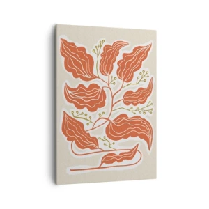 Bild auf Leinwand - Leinwandbild - Ein minimalistisches Blattmotiv in Orange- und Grüntönen. - 50x70cm - Im Folkstil und korallenartig - Moderne Wanddekoration für Wohnzimmer und Schlafzimmer ARTTOR