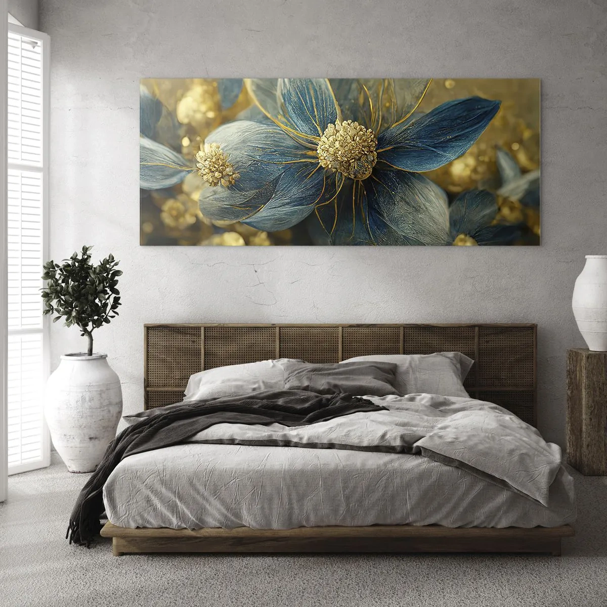 Glasbild - Bild auf glas - Elegante Blumen in Blau- und Goldtönen - 120x50cm - Mit Gold blühen - Moderne Wanddekoration für Wohnzimmer und Schlafzimmer ARTTOR