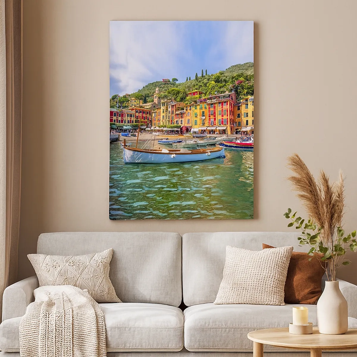 Bild auf Leinwand - Leinwandbild - Bunte Stadthäuser und Boote in einer italienischen Küstenstadt - 50x70cm - Italienischer Morgen - Moderne Wanddekoration für Wohnzimmer und Schlafzimmer ARTTOR