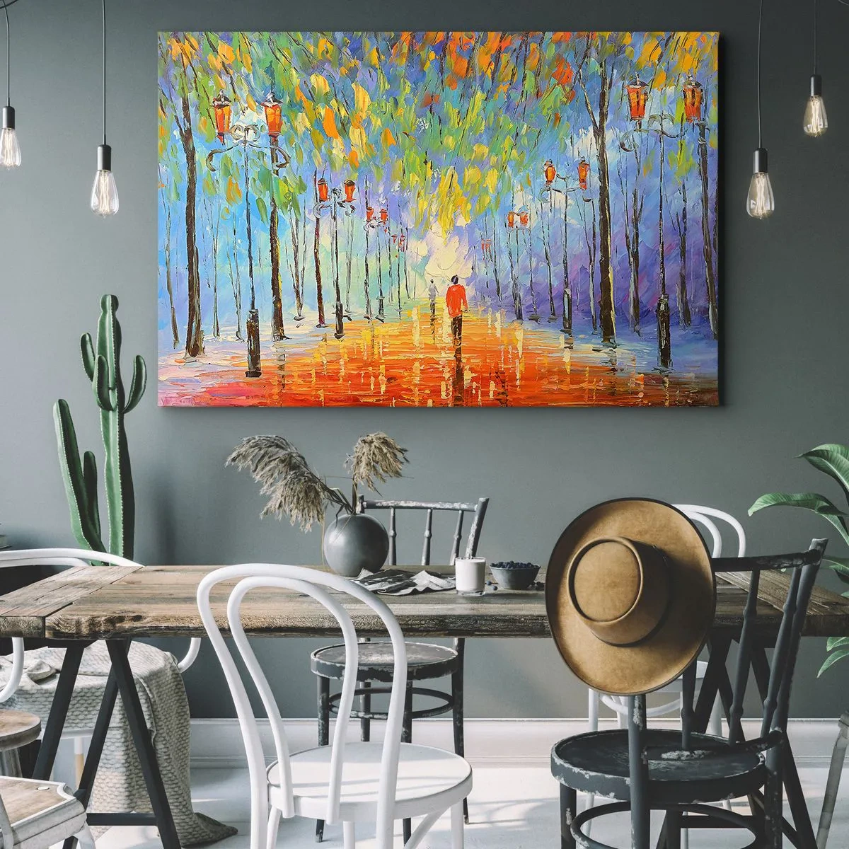 Bild auf Leinwand - Leinwandbild - Ein malerischer Spaziergang zwischen den Laternen in einer regnerischen Nacht - 70x50cm - Nachtlied des Regens - Moderne Wanddekoration für Wohnzimmer und Schlafzimmer ARTTOR