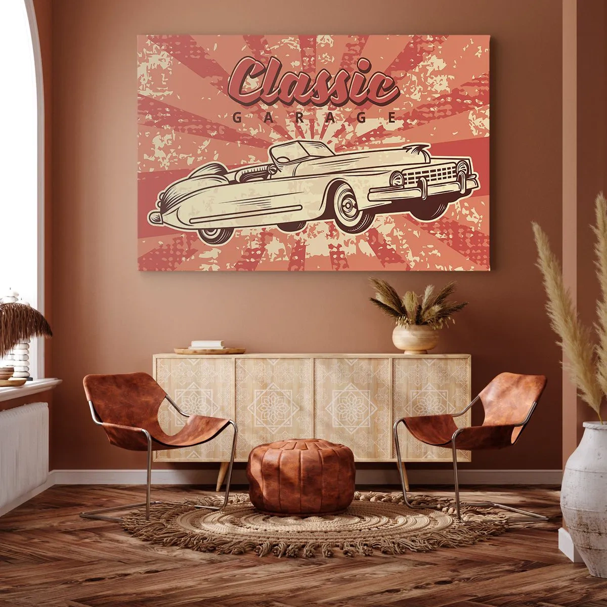 Bild auf Leinwand - Leinwandbild - Retro-Poster mit einem Oldtimer und der Aufschrift „Classic Garage“ - 120x80cm - Und im Radio, Elvis - Moderne Wanddekoration für Wohnzimmer und Schlafzimmer ARTTOR