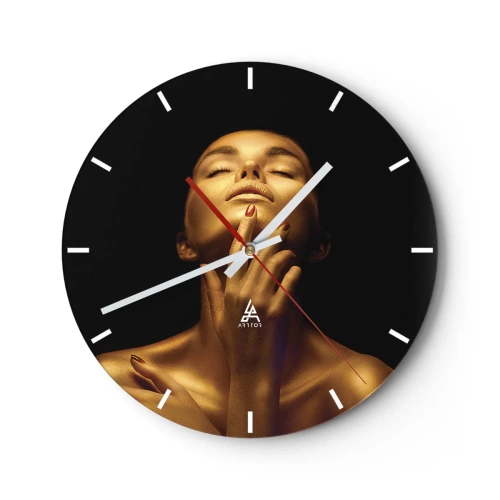 Wanduhr - Glasuhr - Sinnliches Porträt einer Frau in Gold auf schwarzem Hintergrund - 30x30cm - Wie goldene Seide - Moderne Wanddekoration für Wohnzimmer, Küche und Schlafzimmer ARTTOR