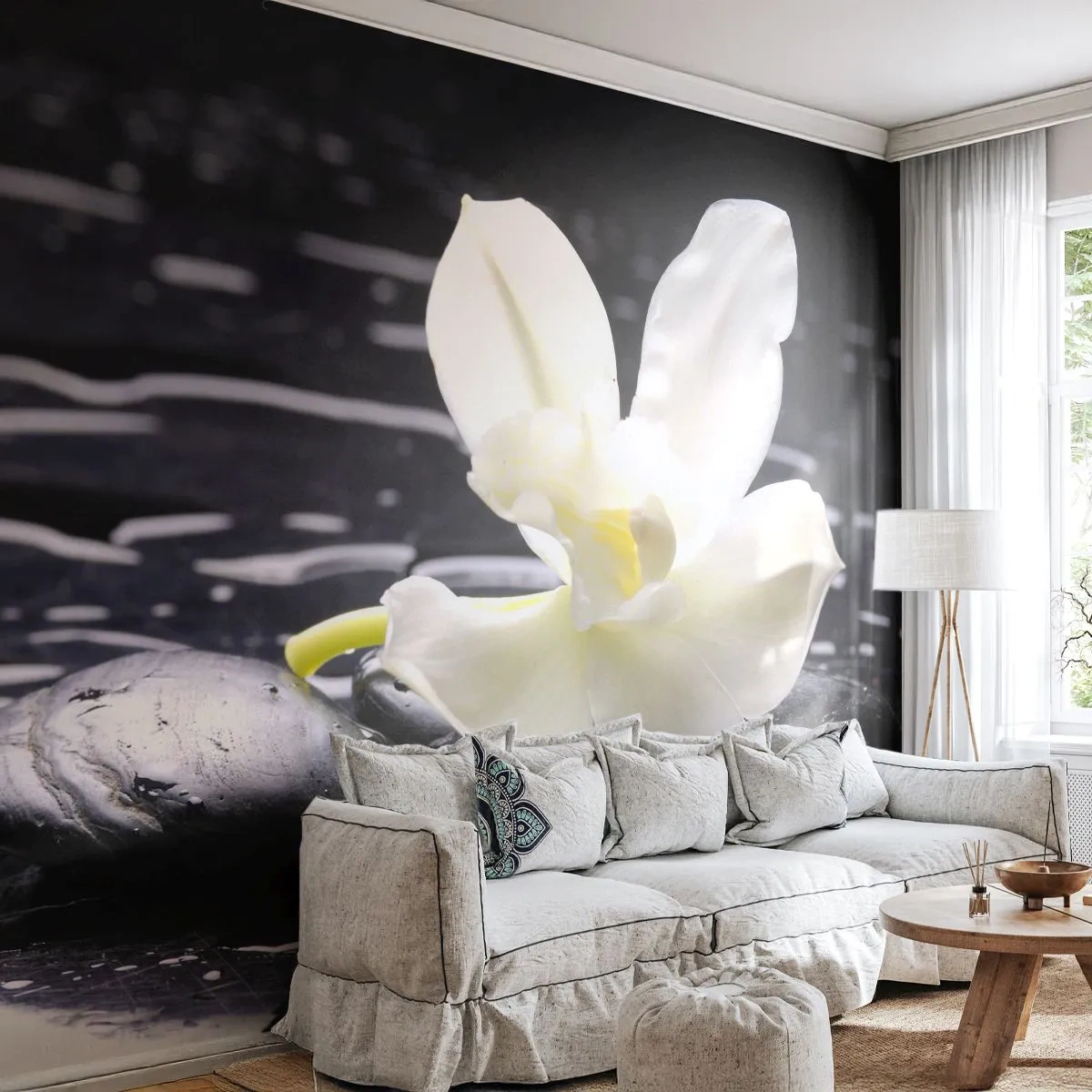 Fototapete Premium Canvas - Eine Studie in Schwarzweiß - Blumen, Steine, Orchidee - 300x210 cm