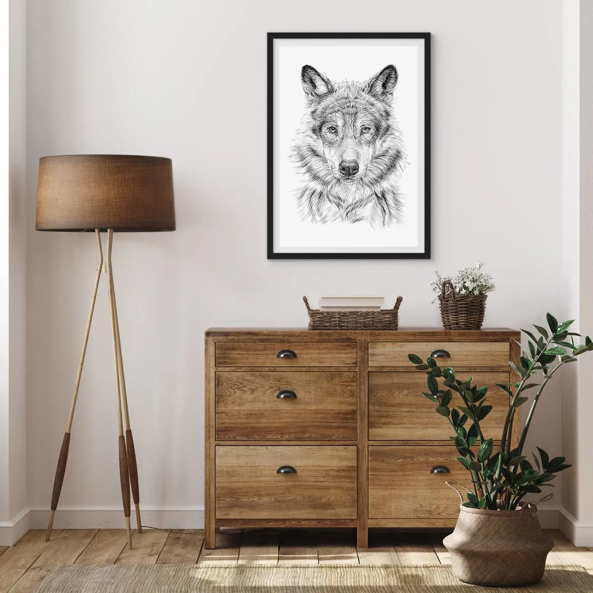 Poster in einem schwarzem Rahmen - Detaillierte Zeichnung eines Wolfes im Schwarz-Weiß-Stil - 50x70cm - Ein geborener Anführer - Moderne Wanddekoration für Wohnzimmer und Schlafzimmer ARTTOR