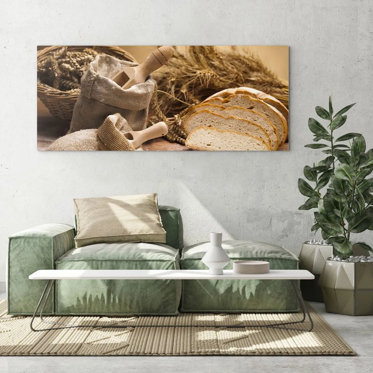 Glasbild - Bild auf glas - Eine Landschaft mit Brot, Mehl und Ähren im rustikalen Stil. - 120x50cm - Wie mit einem Messer geschnitten - Moderne Wanddekoration für Wohnzimmer und Schlafzimmer ARTTOR