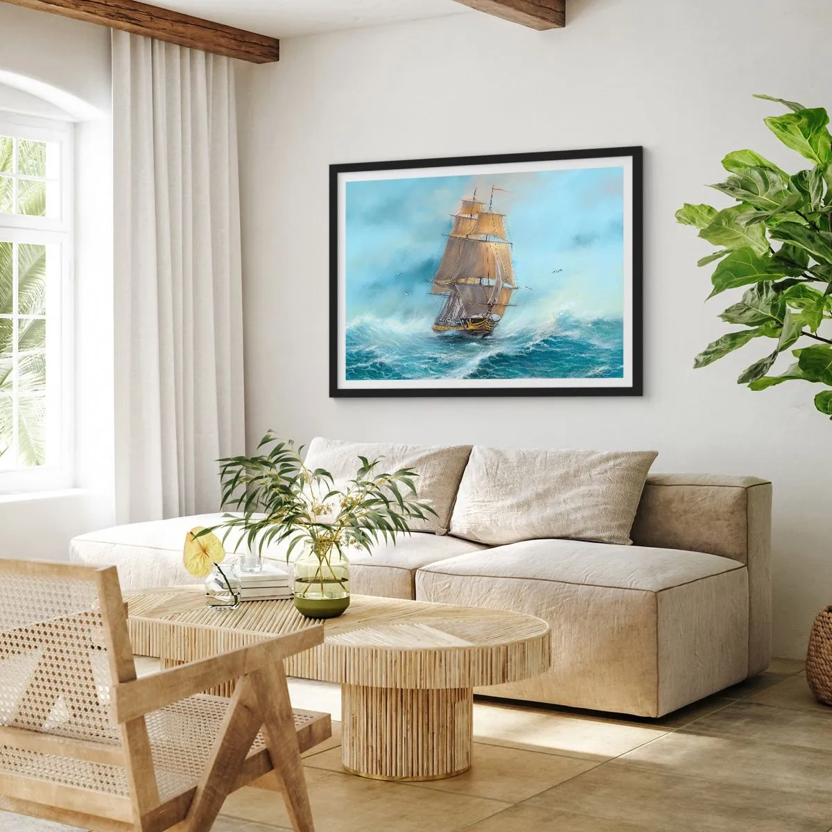 Poster in einem schwarzem Rahmen - Ein Segelschiff auf stürmischer See - 100x70cm - Über die Wellen gleiten - Moderne Wanddekoration für Wohnzimmer und Schlafzimmer ARTTOR