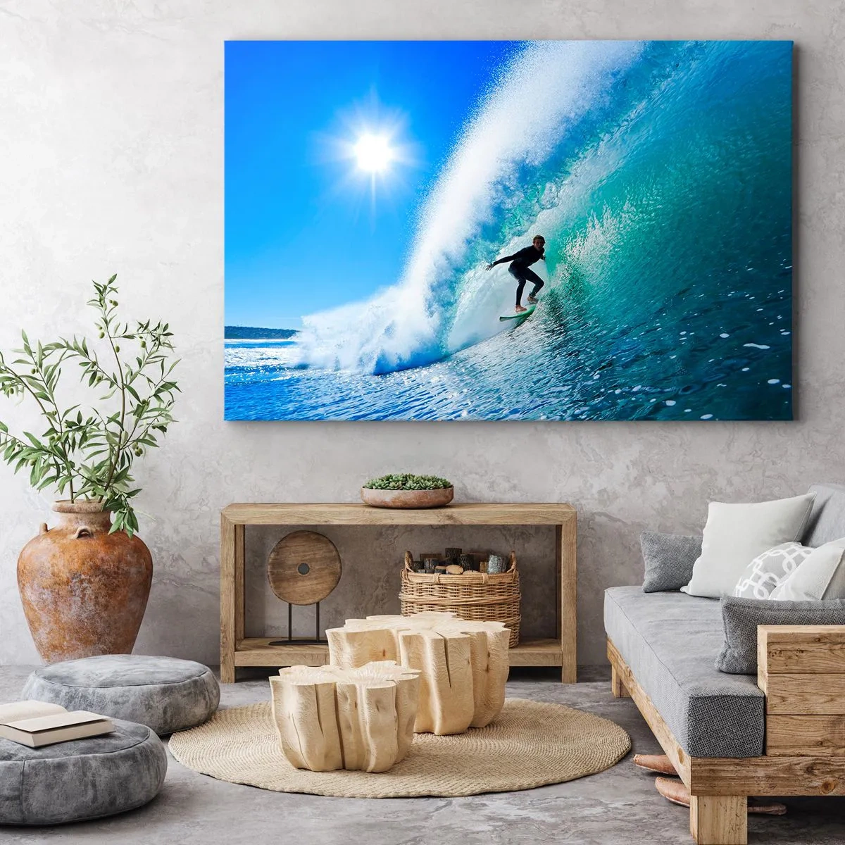 Bild auf Leinwand - Leinwandbild - Ein Surfer auf einem Brett reitet unter blauem Himmel auf einer starken Welle. - 100x70cm - Durch das große Blau - Moderne Wanddekoration für Wohnzimmer und Schlafzimmer ARTTOR