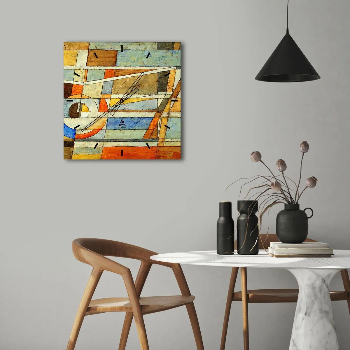 Wanduhr - Glasuhr - Geometrische Abstraktion in Beige-, Blau- und Orangetönen - 30x30cm - Kubismus auf der Baustelle - Moderne Wanddekoration für Wohnzimmer und Schlafzimmer ARTTOR