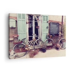 Bild auf Leinwand - Leinwandbild - Vintage-Fahrräder vor einer Holztür mit pastellfarbenen Fensterläden - 70x50cm - Es lebe die Provinz - Moderne Wanddekoration für Wohnzimmer und Schlafzimmer ARTTOR