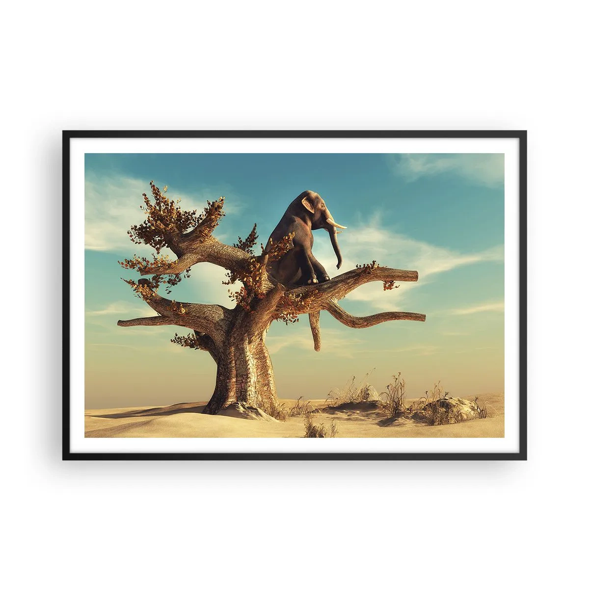 Poster in einem schwarzem Rahmen - Ein Elefant sitzt auf einem Baum in einer surrealen Landschaft - 100x70cm - Ein neuer Standpunkt - Moderne Wanddekoration für Wohnzimmer und Schlafzimmer ARTTOR