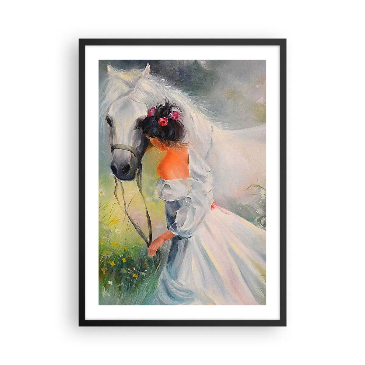Poster in einem schwarzem Rahmen - Eine Frau mit einem weißen Pferd im malerischen Stil - 50x70cm - Wie aus einem schönen Traum - Moderne Wanddekoration für Wohnzimmer und Schlafzimmer ARTTOR