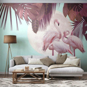 Fototapete Premium Sand - Drei Vogelgnaden - Flamingos, Vögel, Natur - 200x140 cm