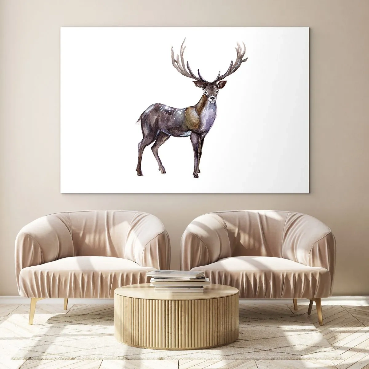Glasbild - Bild auf glas - Eleganter Aquarellhirsch - 100x70cm - König des nördlichen Waldes - Moderne Wanddekoration für Wohnzimmer und Schlafzimmer ARTTOR