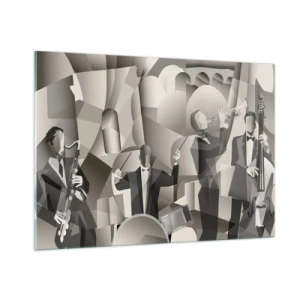 Glasbild - Bild auf glas - Stilisierte Jazzband-Bühne in monochromen Tönen - 100x70cm - Im Raum der Klänge - Moderne Wanddekoration für Wohnzimmer und Schlafzimmer ARTTOR