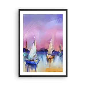 Poster in einem schwarzem Rahmen - Abstrakte Segelboote auf einem bunten Hintergrund - 50x70cm - Richtung: breites Wasser - Moderne Wanddekoration für Wohnzimmer und Schlafzimmer ARTTOR