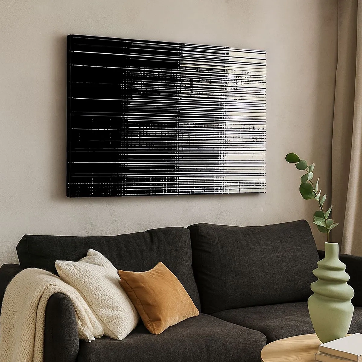 Bild auf Leinwand - Leinwandbild - Abstrakte Linienkomposition in kontrastierendem Schwarz und Weiß - 70x50cm - Wellen und Vibrationen - Moderne Wanddekoration für Wohnzimmer und Schlafzimmer ARTTOR