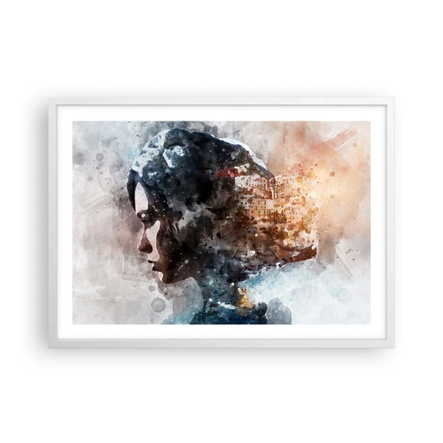 Poster in einem weißen Rahmen - Eine Geschichte über ein Mädchen mit einer Stadt im Hintergrund - 70x50 cm