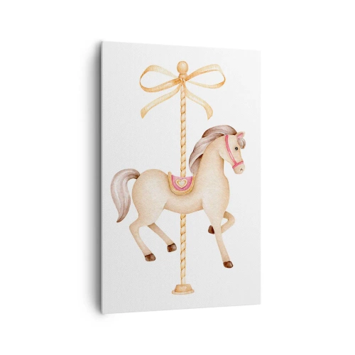 Bild auf Leinwand - Leinwandbild - Ein Karussellpferd mit Schleife in zarten Pastelltönen - 80x120cm - Anmutiger Trab - Moderne Wanddekoration für Wohnzimmer und Schlafzimmer ARTTOR