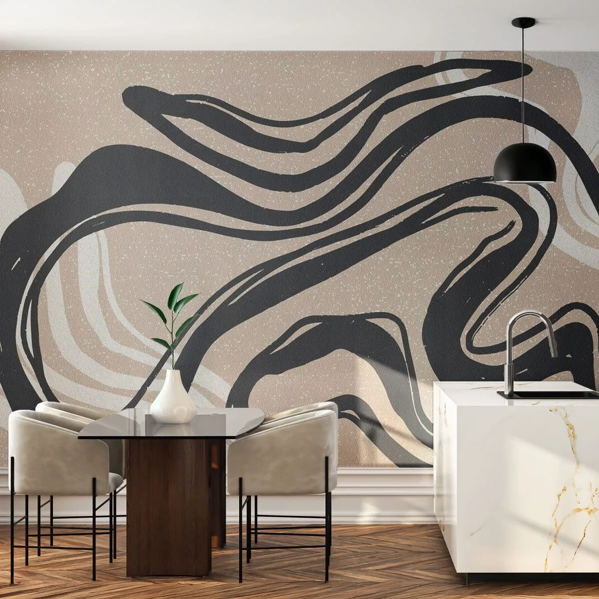 Fototapete Premium Sand - Schwarze ausdrucksstarke Linien auf beigem Hintergrund - 100x70cm - Vervielfachter Ausdruck - Moderne Wanddekoration für Wohnzimmer und Schlafzimmer ARTTOR