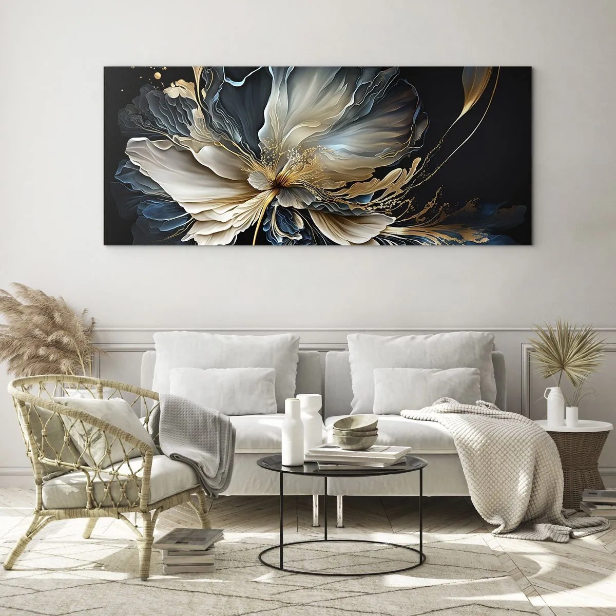 Glasbild - Bild auf glas - Eine Blume in Gold- und Marineblautönen auf schwarzem Hintergrund - 140x50cm - Märchenhafte Farnblume - Moderne Wanddekoration für Wohnzimmer und Schlafzimmer ARTTOR