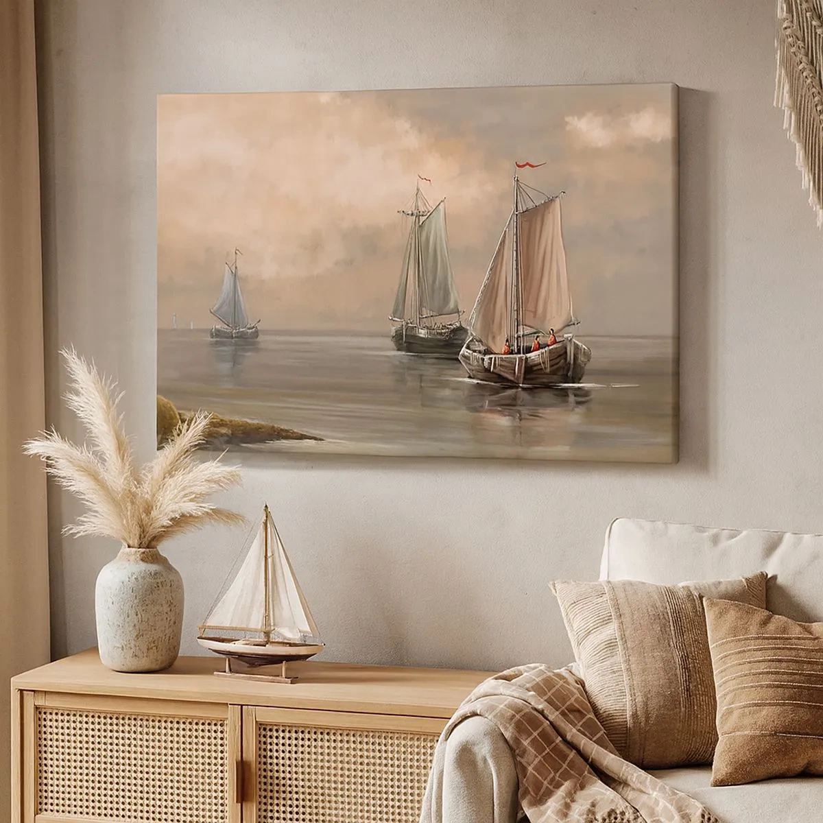 Bild auf Leinwand - Leinwandbild - Segelboote auf ruhigem Meer in pastellfarbener Umgebung - 70x50cm - Die Rückkehr der Matrosen - Moderne Wanddekoration für Wohnzimmer und Schlafzimmer ARTTOR