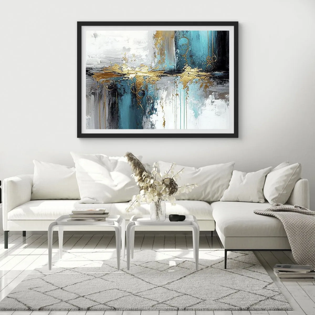 Poster in einem schwarzem Rahmen - Eine abstrakte Komposition mit türkisfarbenen und goldenen Akzenten. - 100x70cm - Alles fließt - Moderne Wanddekoration für Wohnzimmer und Schlafzimmer ARTTOR